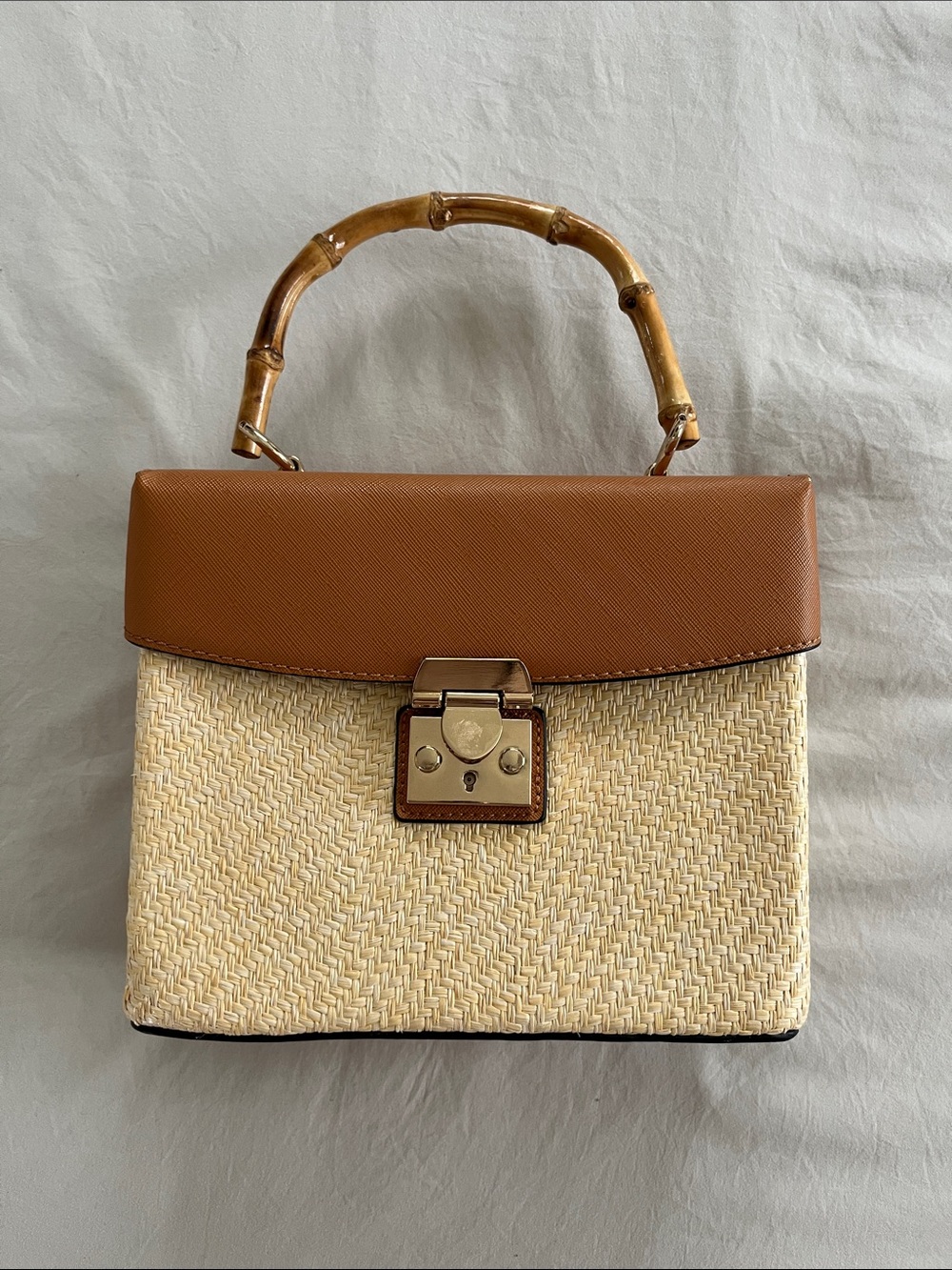 Woven Straw Top-Handle Bag with Brown Leather Trim